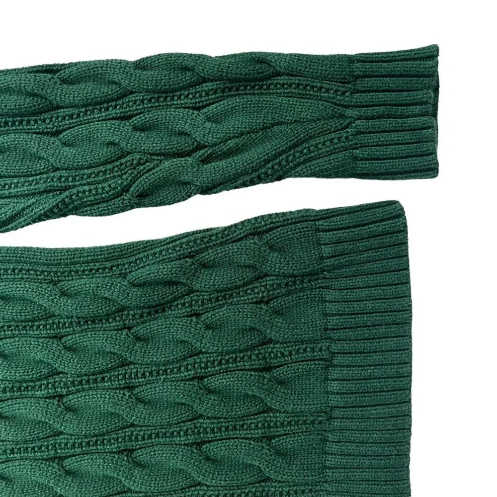 Lands End Cable Knit Cotton Fisherman Sweater Hunter Green Womens MP Snug Fit
